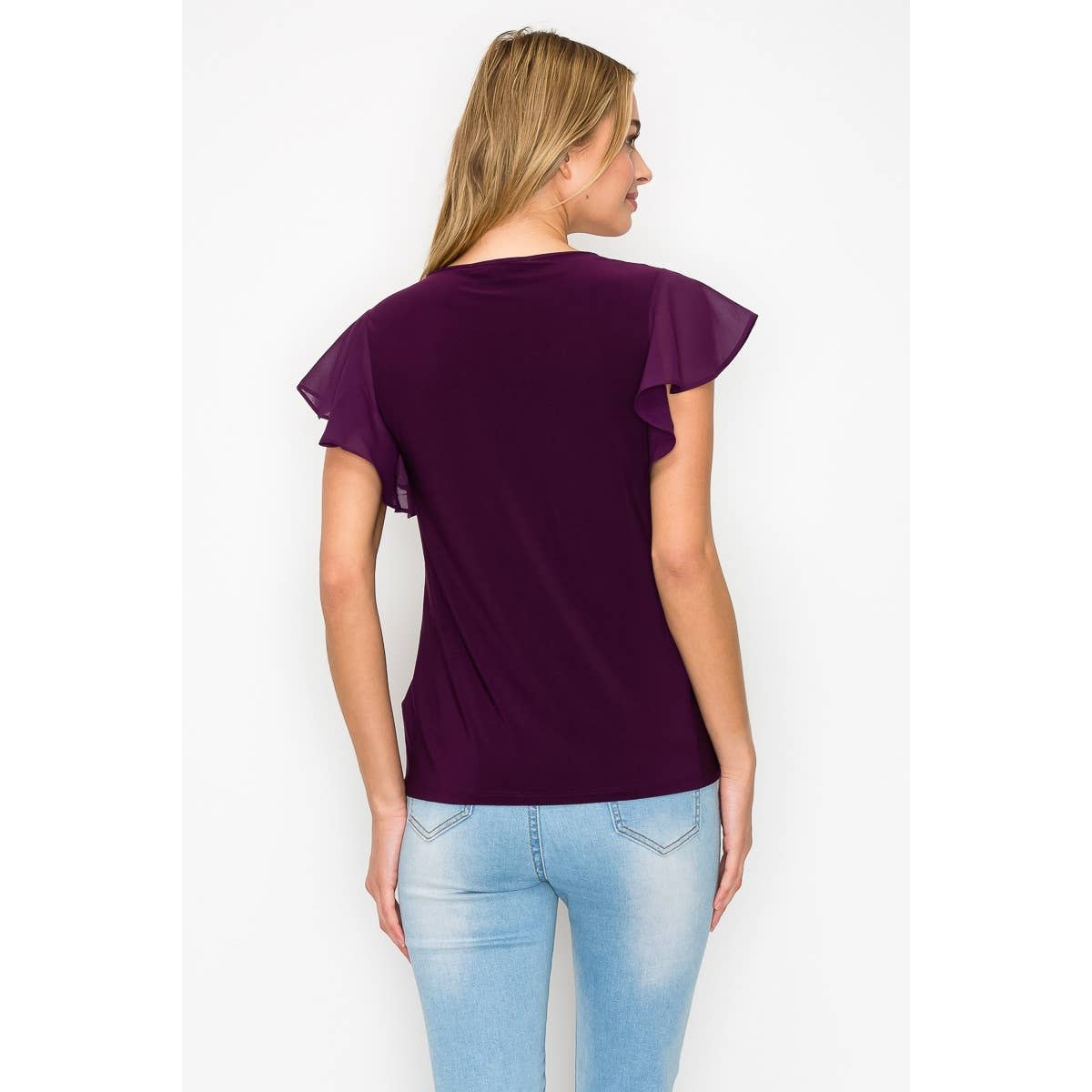 Perseption - Bar Keyhole V Neck Flutter Ruffle Sleeve Blouse: Plum