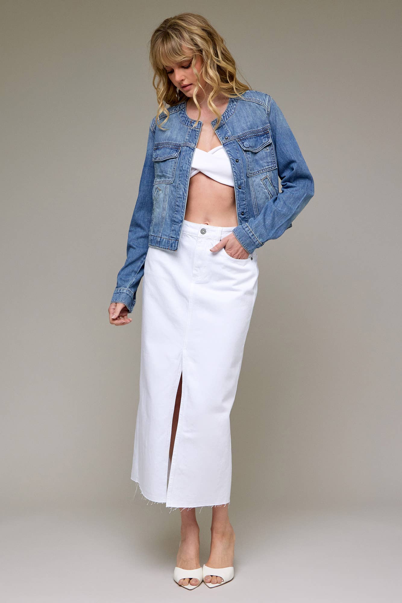 Hidden Jeans - Medium Light Collarless Trucker Jacket