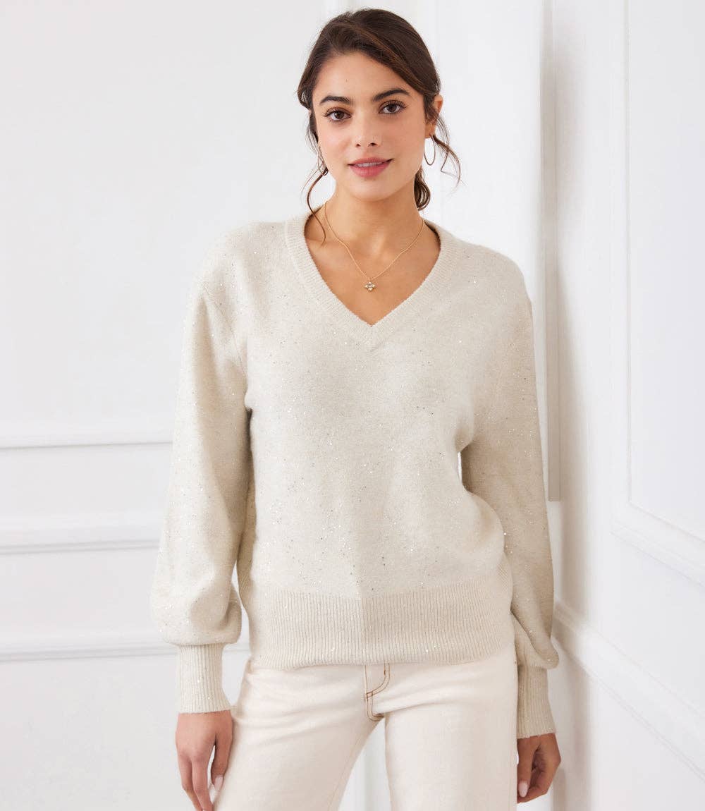 Karen Kane - Sequin V-Neck Sweater: Sand