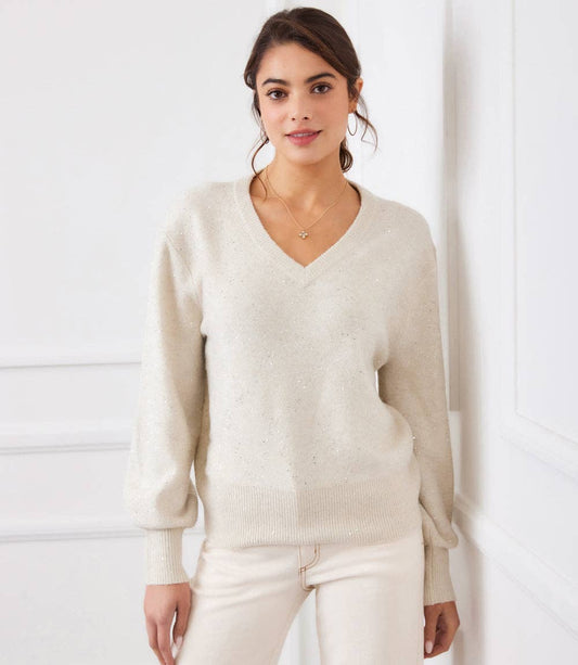 Karen Kane - Sequin V-Neck Sweater: Sand