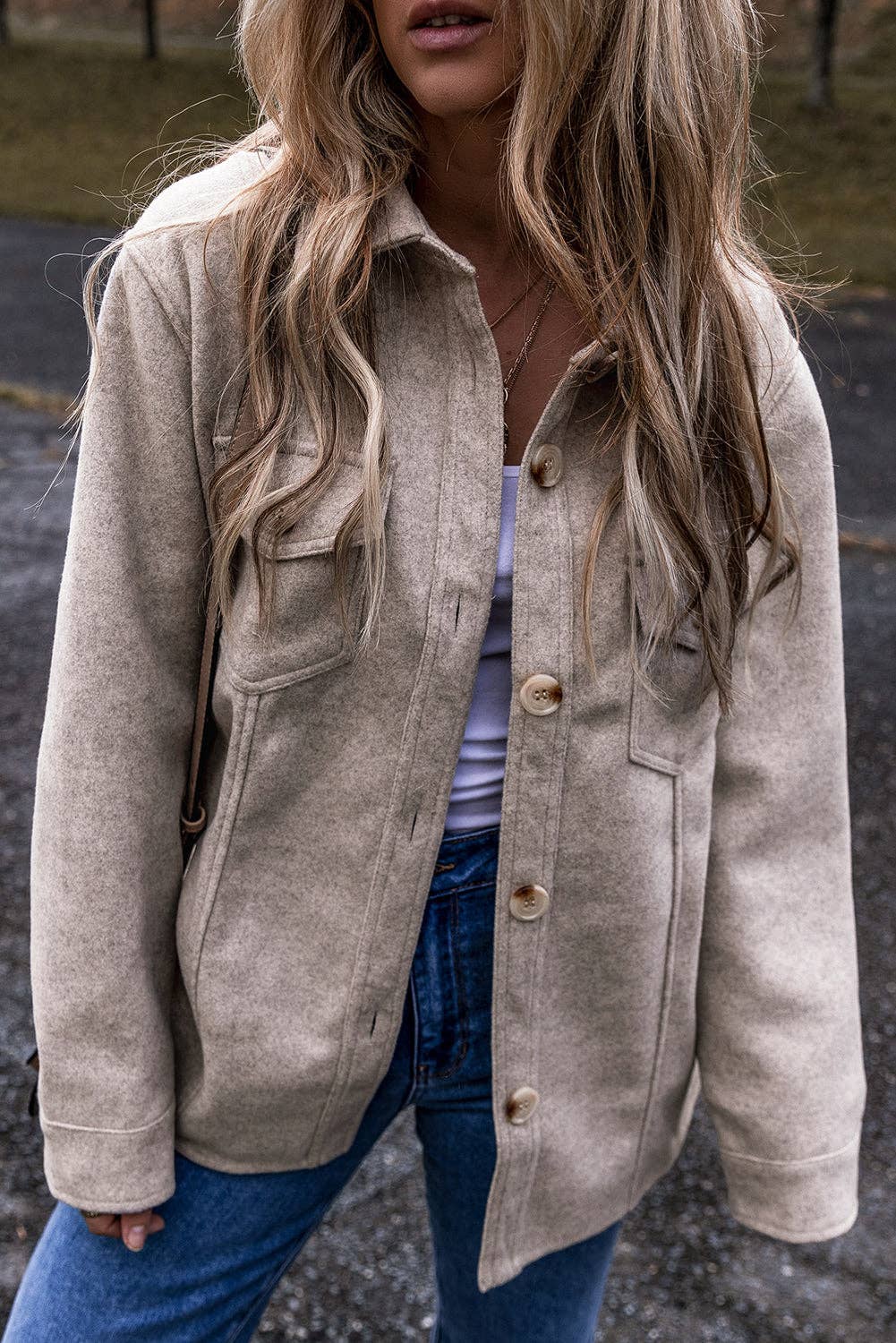 Penny Flap Pockets Buttoned Shacket: Light Grey