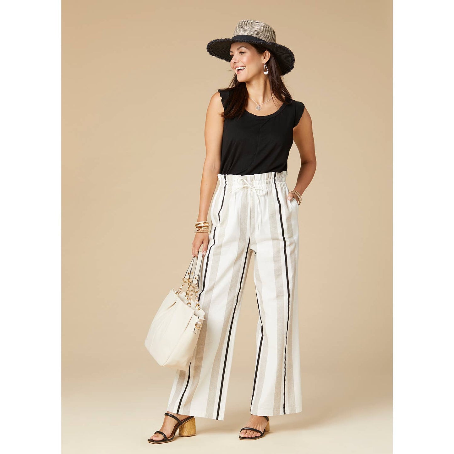 COCO + CARMEN - Zuri Striped Wide Leg Pant: Natural Stripe