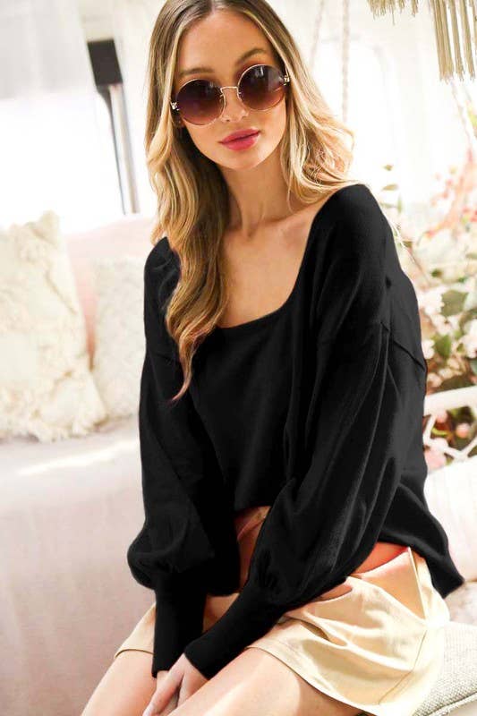 Vine & Love - Square Neckline Long Balloon Sleeve Knitted Sweater Black