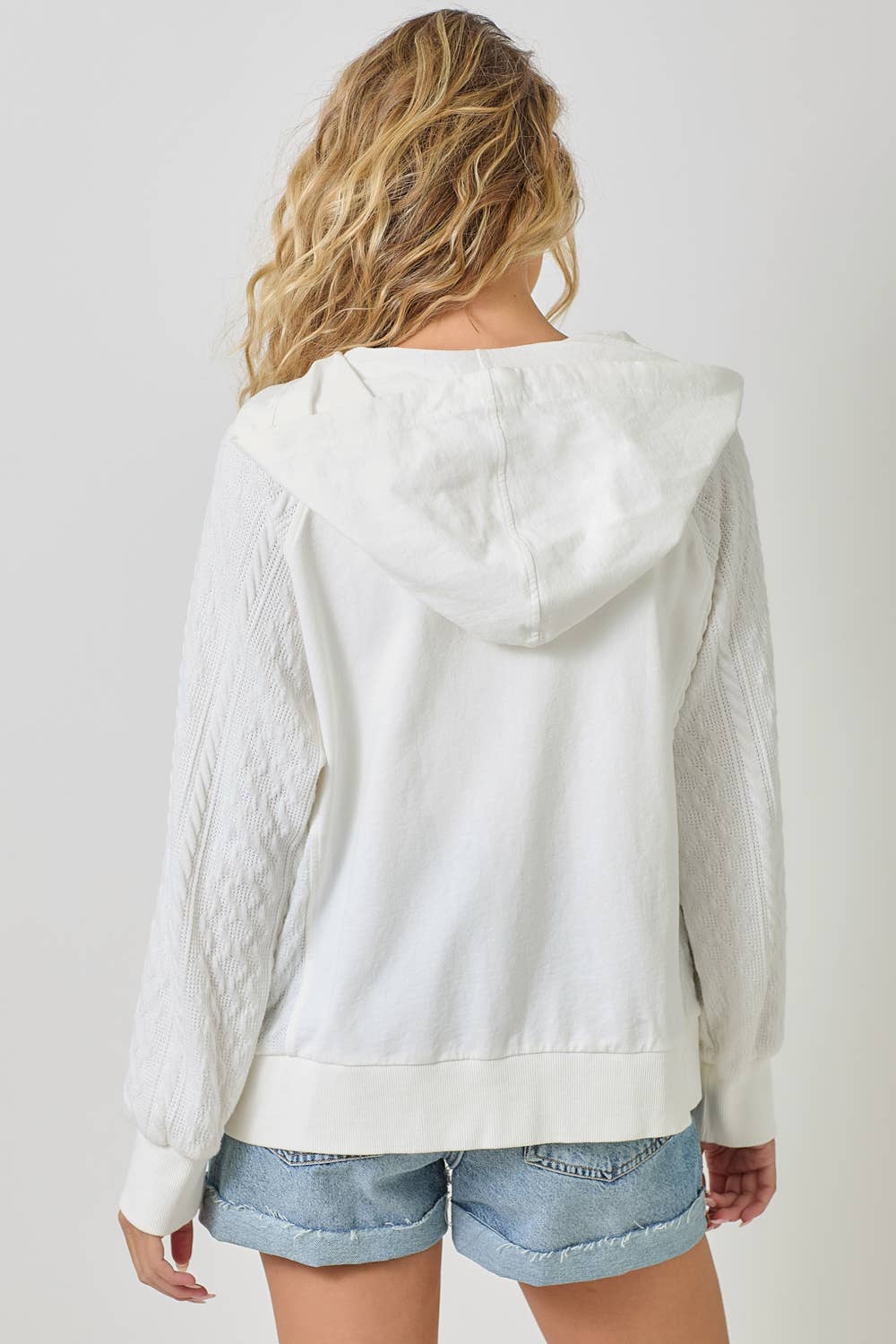 Mixed Media Hoodie Zip-Up Jacket: Washed White