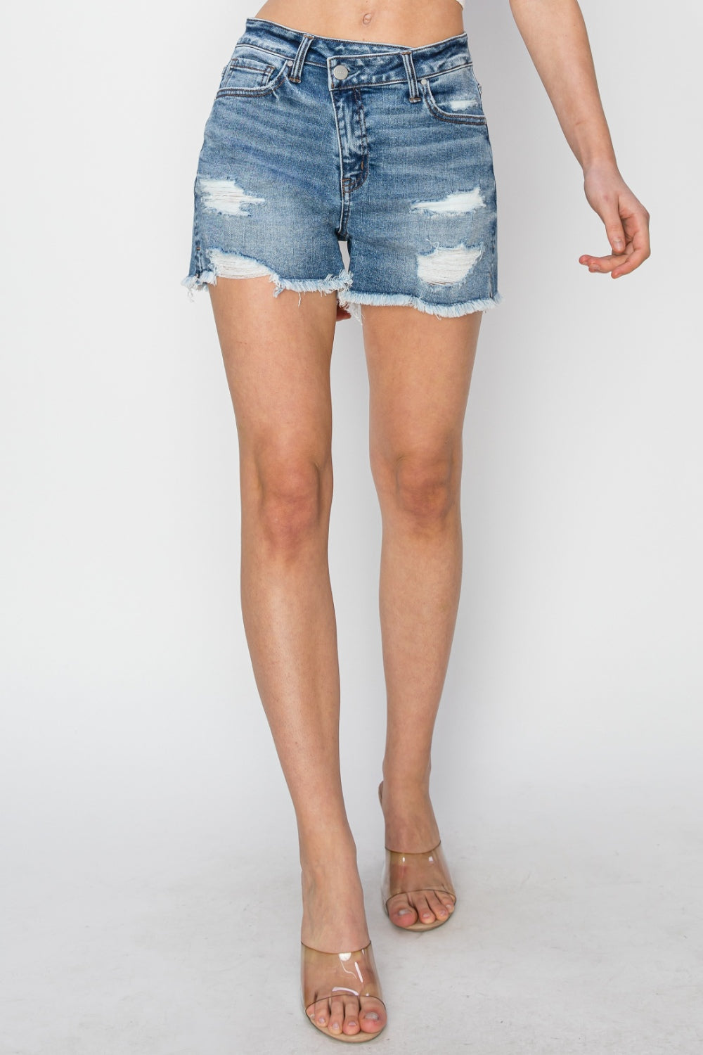 ONLINE ONLY! RISEN Stepped Waist Frayed Denim Shorts