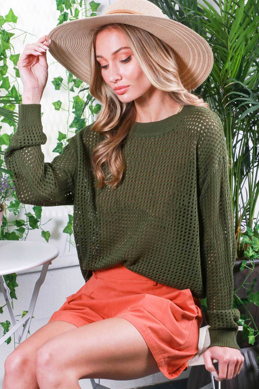 Vine & Love - Crew Neck Drop Shoulder Long-Sleeve Crochet Sweater Olive