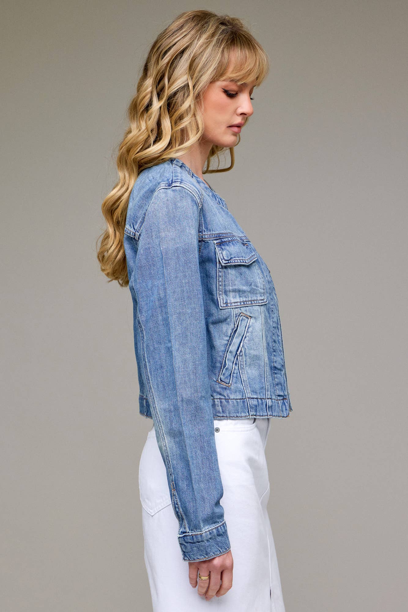 Hidden Jeans - Medium Light Collarless Trucker Jacket