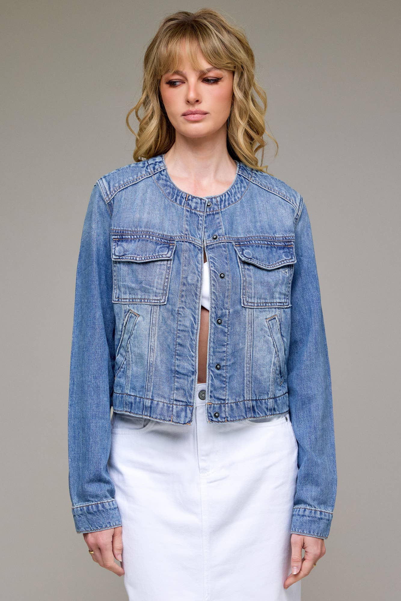 Hidden Jeans - Medium Light Collarless Trucker Jacket