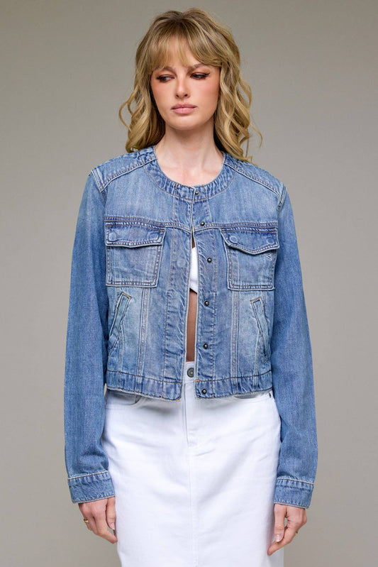 Hidden Jeans - Medium Light Collarless Trucker Jacket