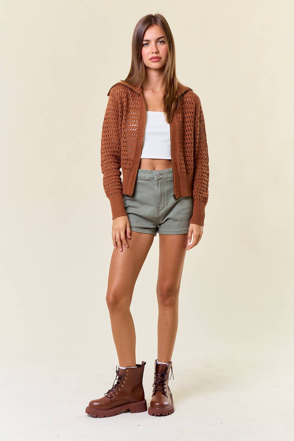 Doe and Rae - Zip-Up Pointelle Open Knit Sweater Jacket - Caramel