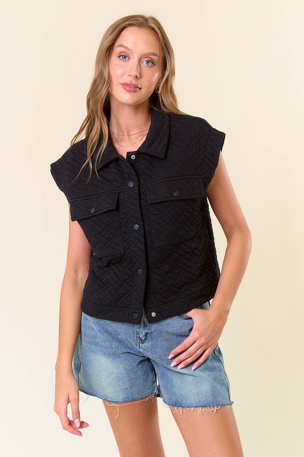 Doe and Rae - Quilted Point Collar Flap Patched Pocket Vest - Black