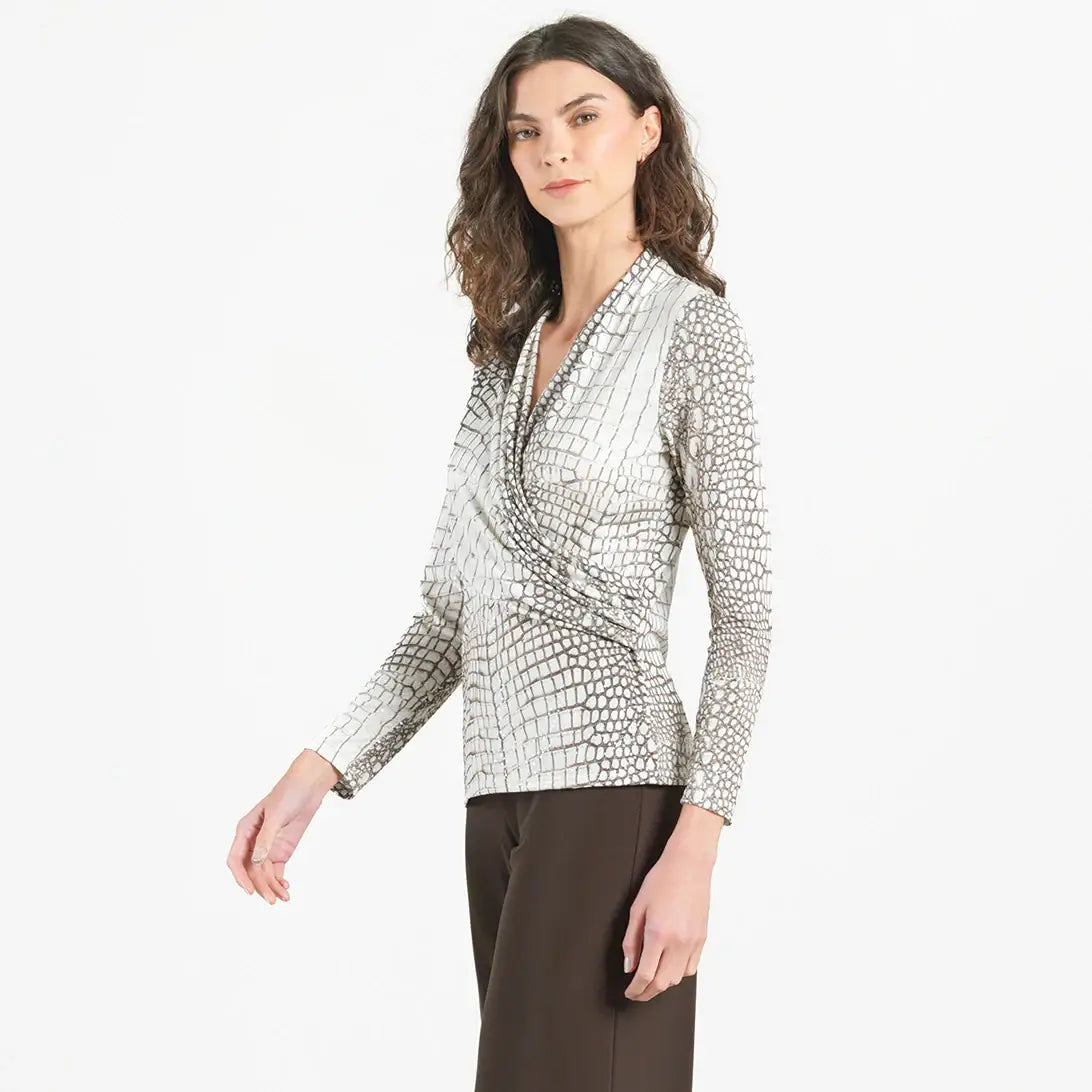 Clara Sunwoo - Shimmer Textile, V-Neck Draped Pleat Top, Croc Scale: Ivory/Mocha