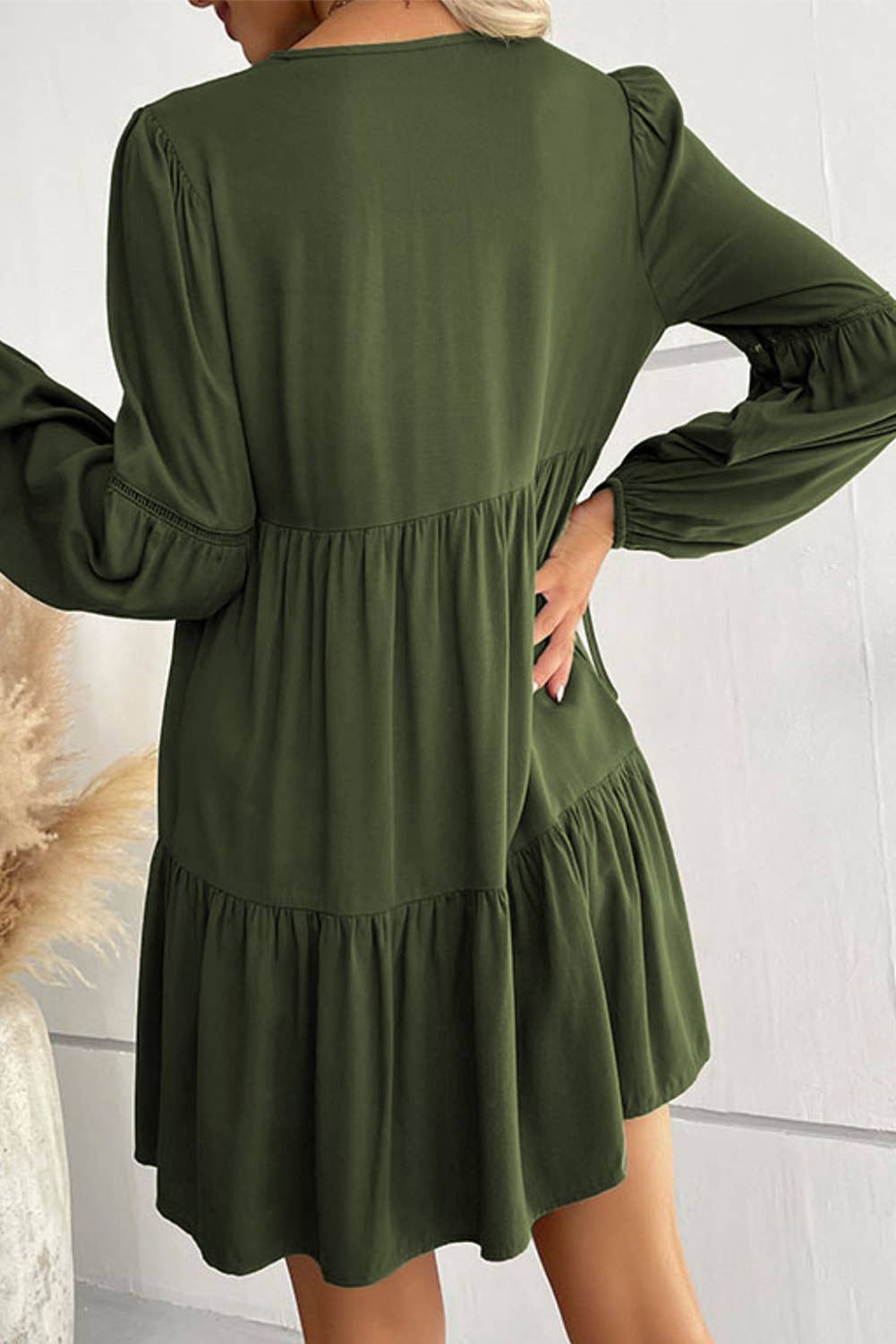 Tiered Puff Sleeve Women's Babydoll Dress: Green