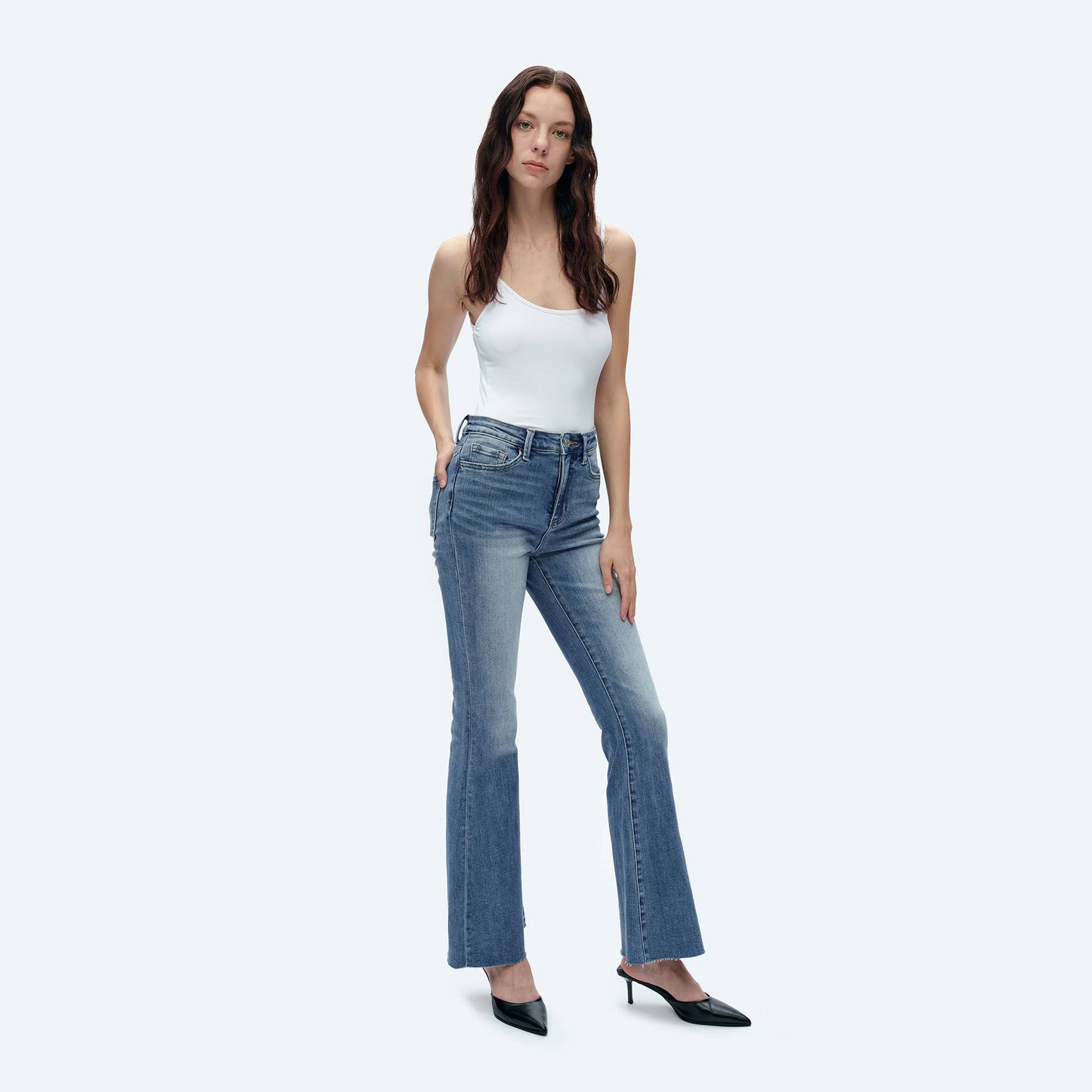 BAYEAS - HIGH RISE FLARE JEANS WITH RAW HEM FREEFALL