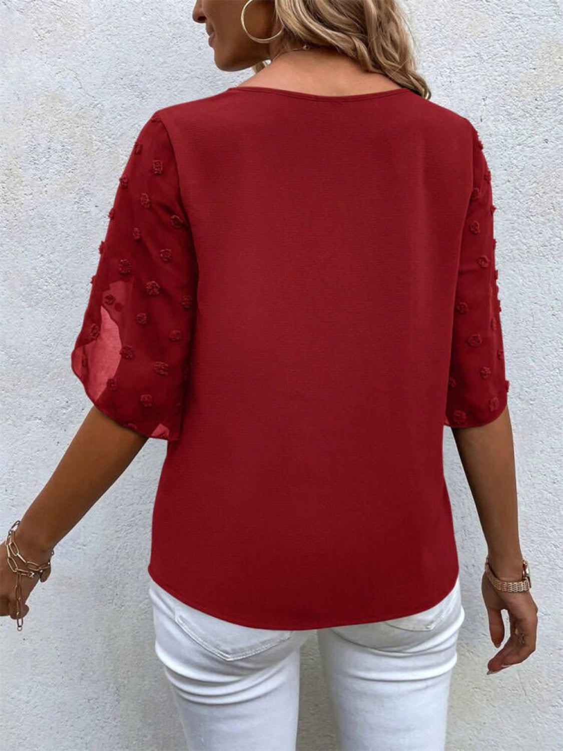 ONLINE ONLY! Swiss Dot Round Neck Half Sleeve Blouse