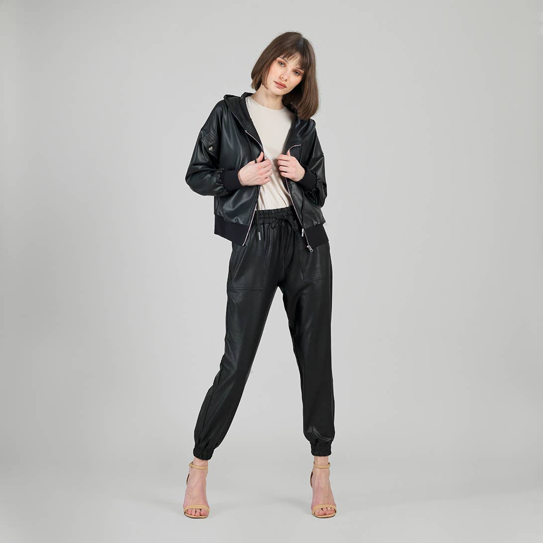 Clara Sunwoo - JKHD - Liquid Leather™ Hooded Drawstring Track Jacket: Black