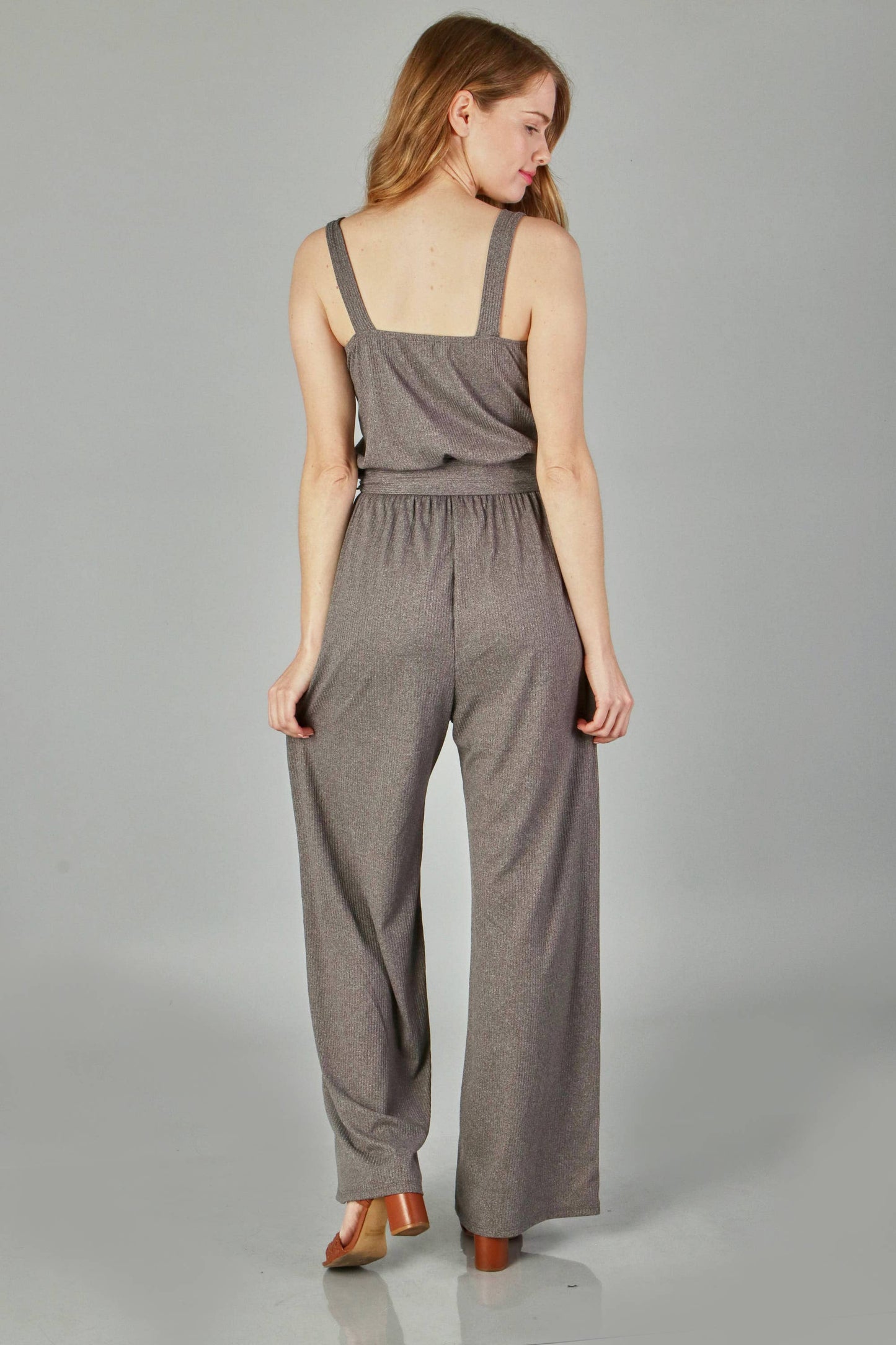 Peace Love Line - TWO TONE RIBBED KNIT JUMPSUIT: CHARCOAL