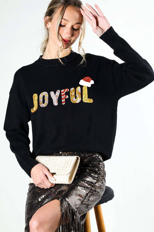 Vine & Love - Joyful Colorful Letter Sequin Crew Neck Knit Sweater in BLACK