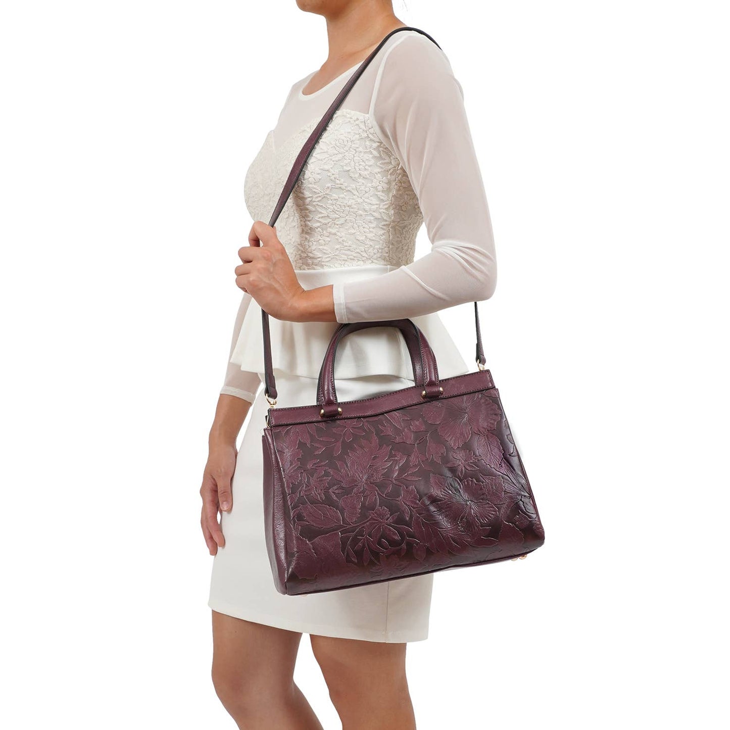 Mellow World - Salome 3D Embossed Floral Satchel: Plum