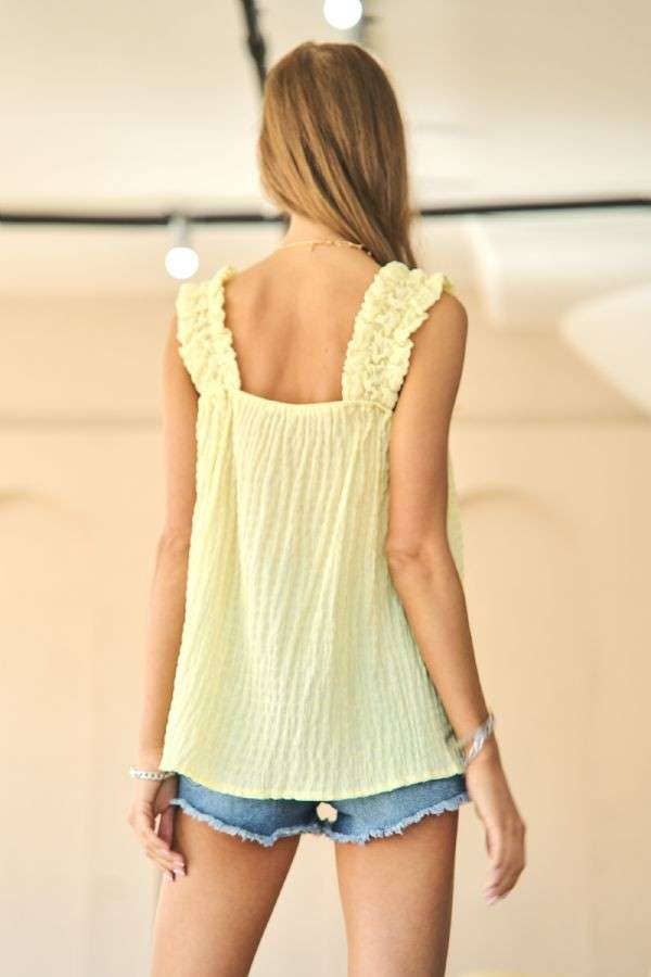 Davi & Dani - TEXTURED FABRIC SHIRRED STRAPS SUMMER BABYDOLL TOP Lemon