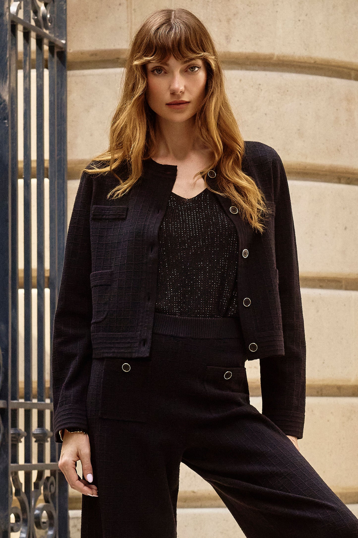 Josheph Ribkoff Sweater Knit Crew Neck Button-Front Jacket