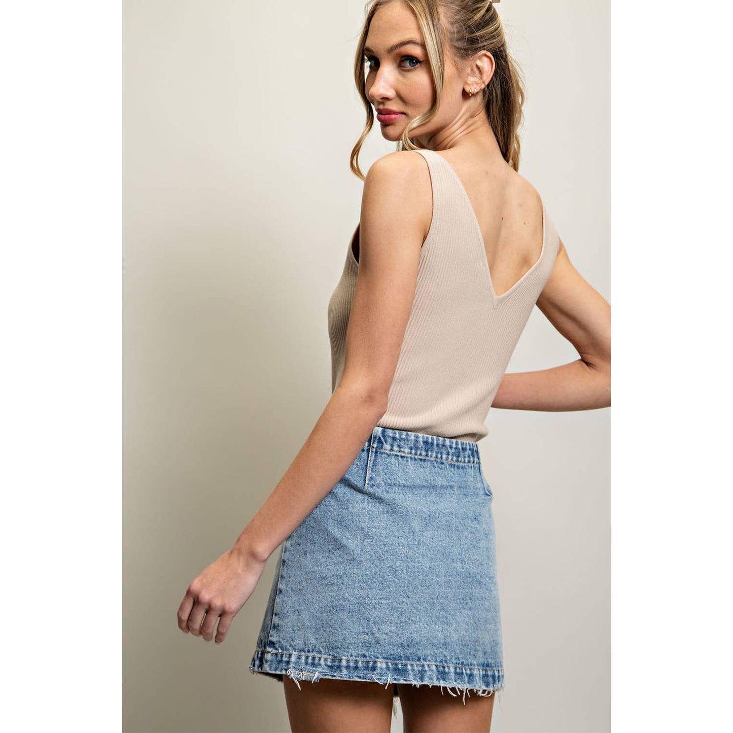 STONE WASHED WRAP MINI SKORT: DENIM