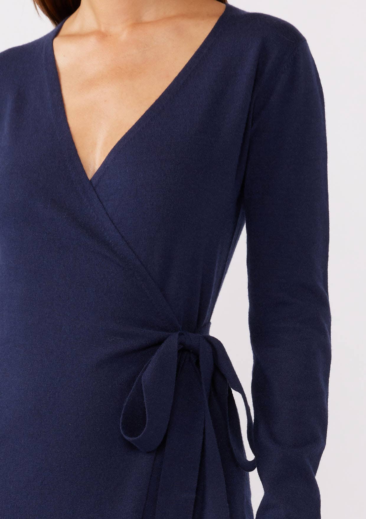 Long Sleeve Sweater Wrap Dress in Navy
