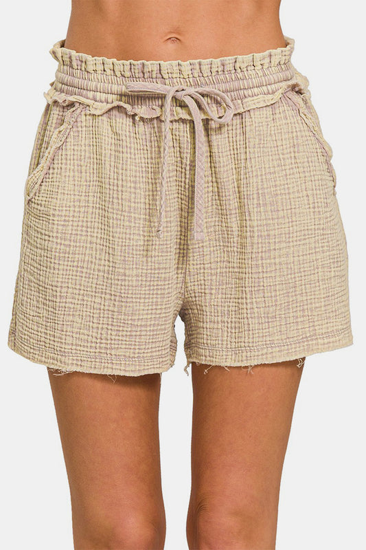 ONLINE ONLY! Zenana Washed Frayed Hem Drawstring Shorts