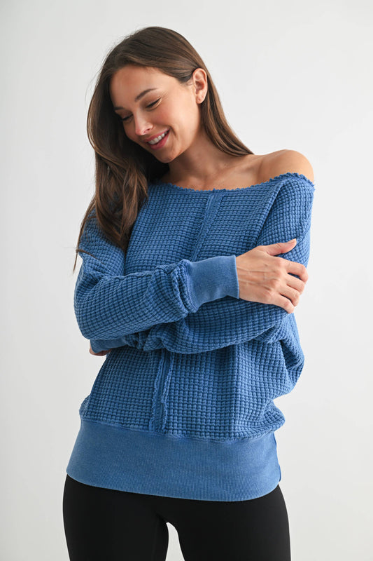 Mono B - Chunky Waffle Boat Neck Sweater: BLUE 25
