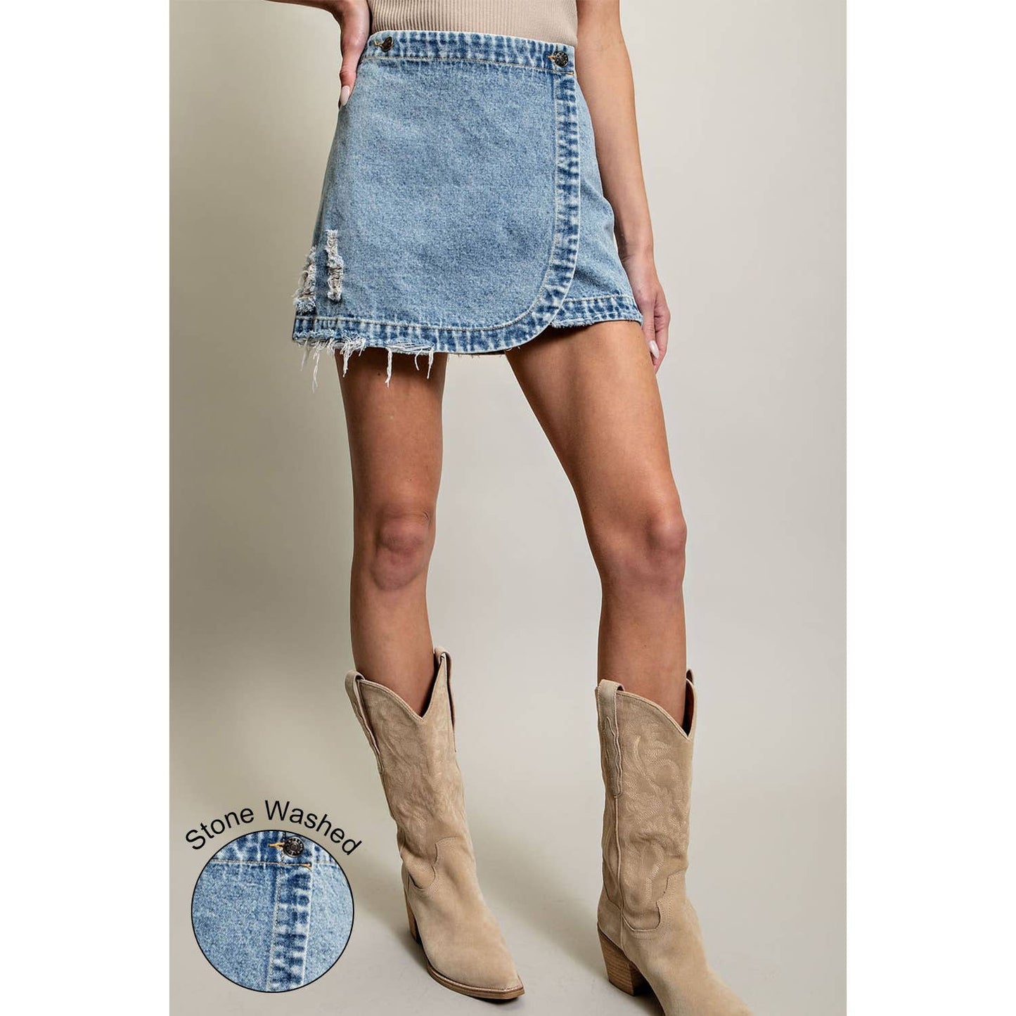 STONE WASHED WRAP MINI SKORT: DENIM