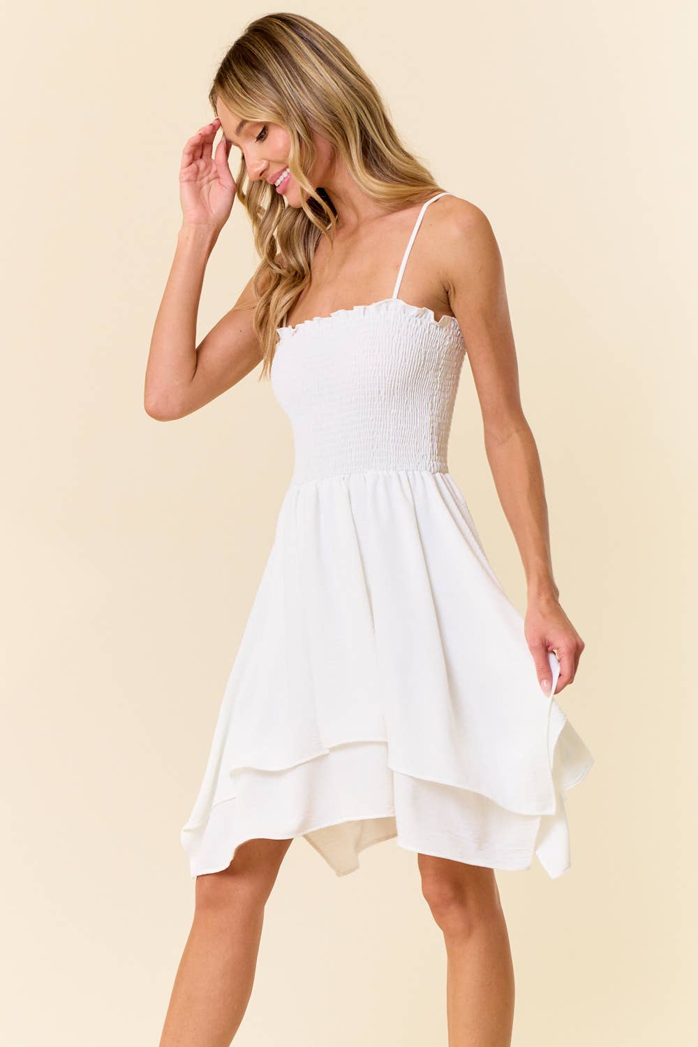 S&H WHITE ADJUSTABLE STRAPS SOLID SMOCKED RUFFLE DRESS