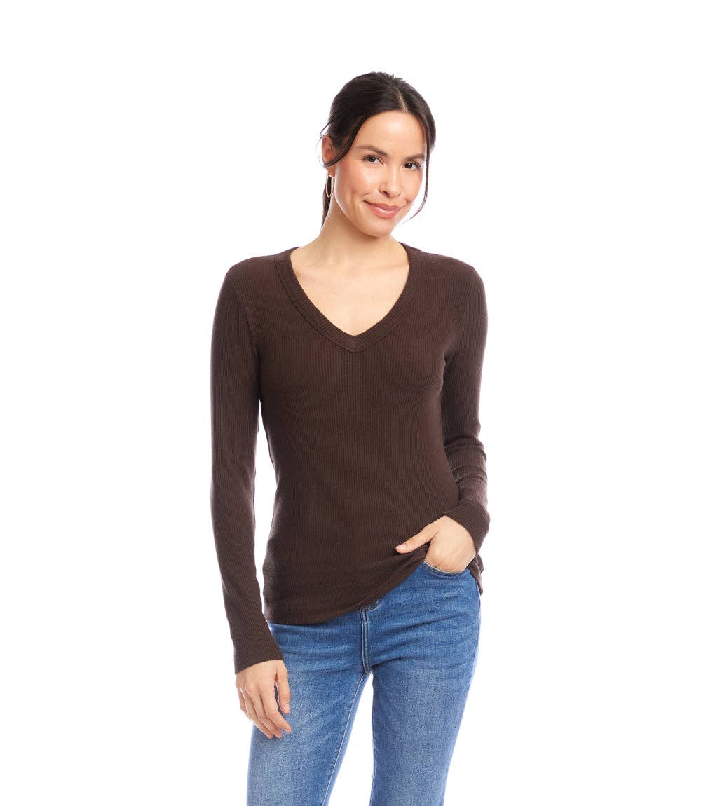 Karen Kane - Long Sleeve Ribbed V-Neck Top in Brown
