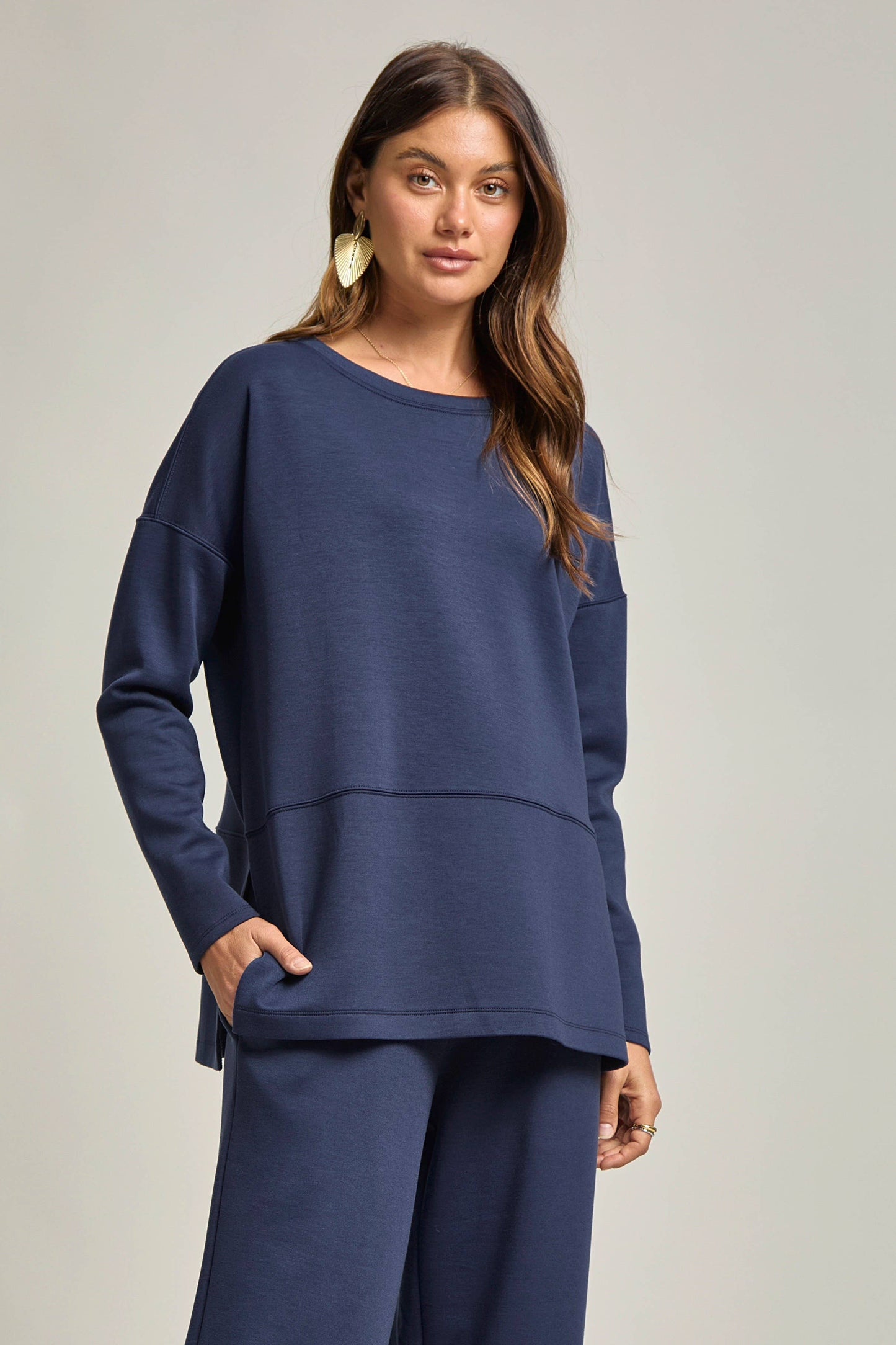 Dear Scarlett - Tunic Top + Straight Pants Travel Modal Set: Navy
