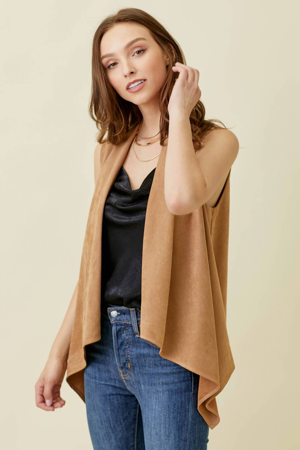 Mystree - Suede Shawl Vest/ Latte