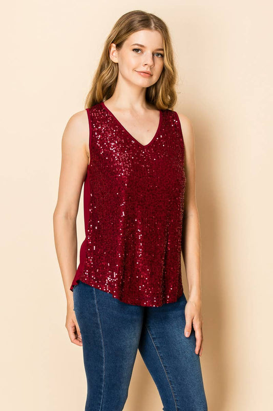 Urban Diction - SEQUIN V NECK TANK TOP: BURGUNDY