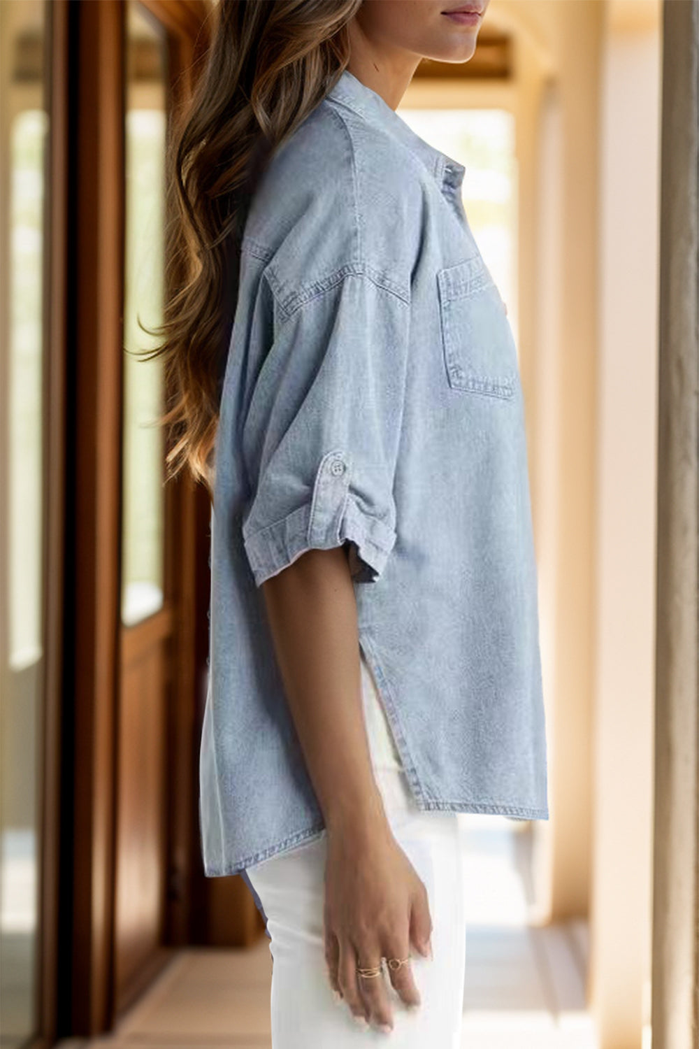 ONLINE ONLY! Pocketed Button Up Half Sleeve Denim Shirt