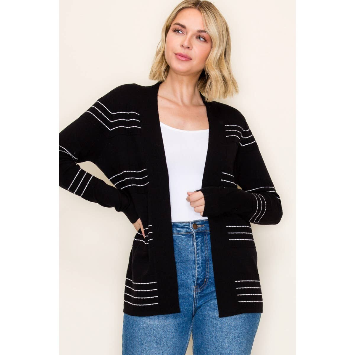STACCATO - STITCH STRIPED SWEATER CARDIGAN: BLACK