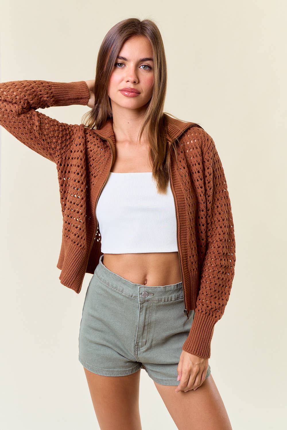 Doe and Rae - Zip-Up Pointelle Open Knit Sweater Jacket - Caramel