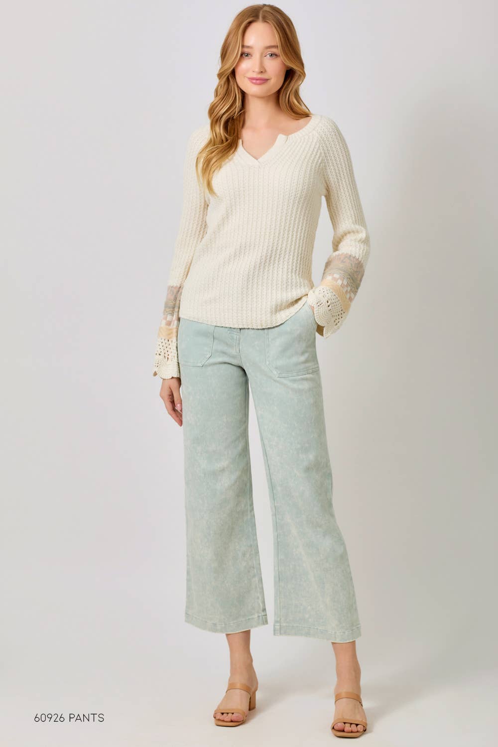 Mixed Sleeve Henley Sweater in Ivory