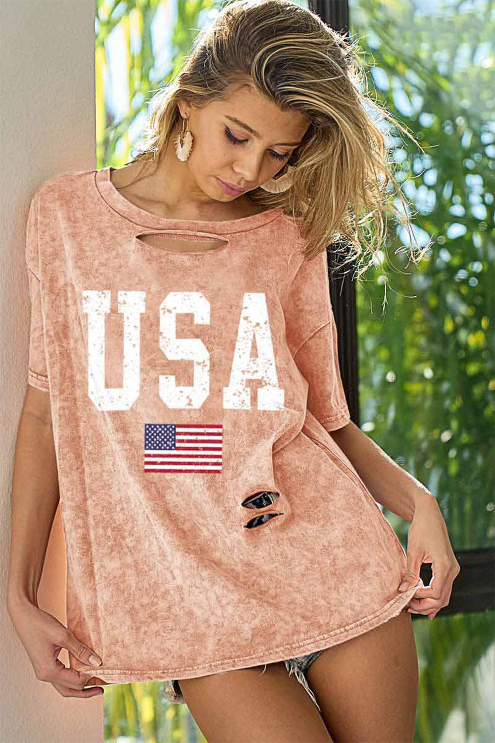 ONLINE ONLY! BiBi Washed American Flag Graphic Distressed T-Shirt