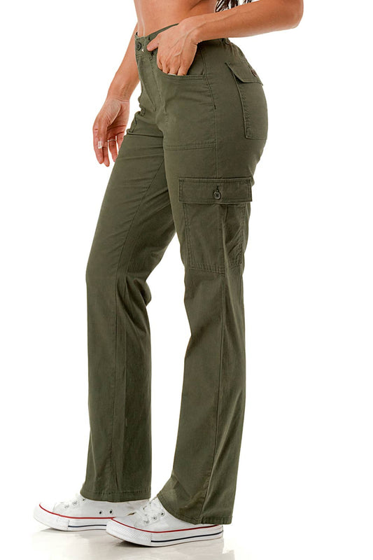 Color 5 - Color woven straight leg adjustable waist band cargo pants: Olive