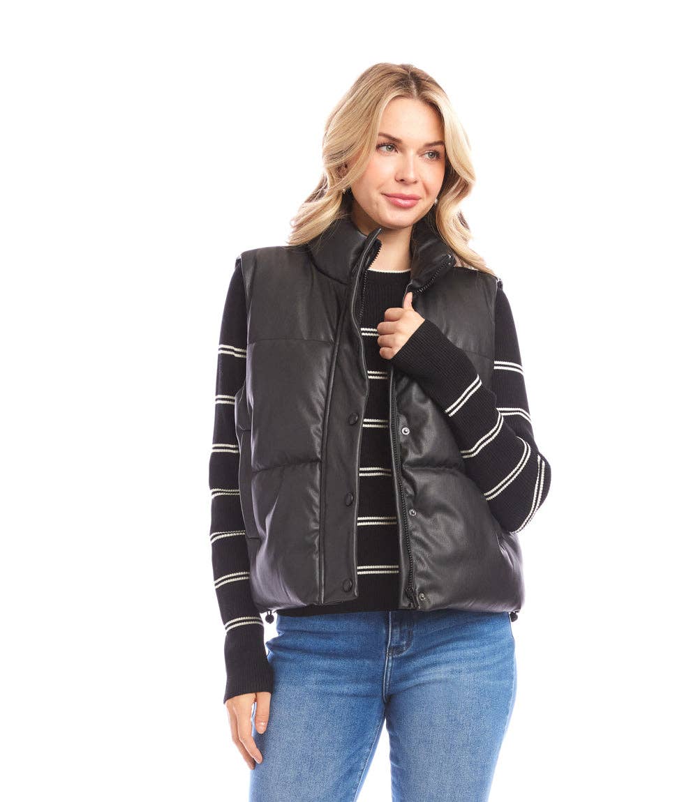 Karen Kane - Faux Leather Quilted Puffer Vest: Black