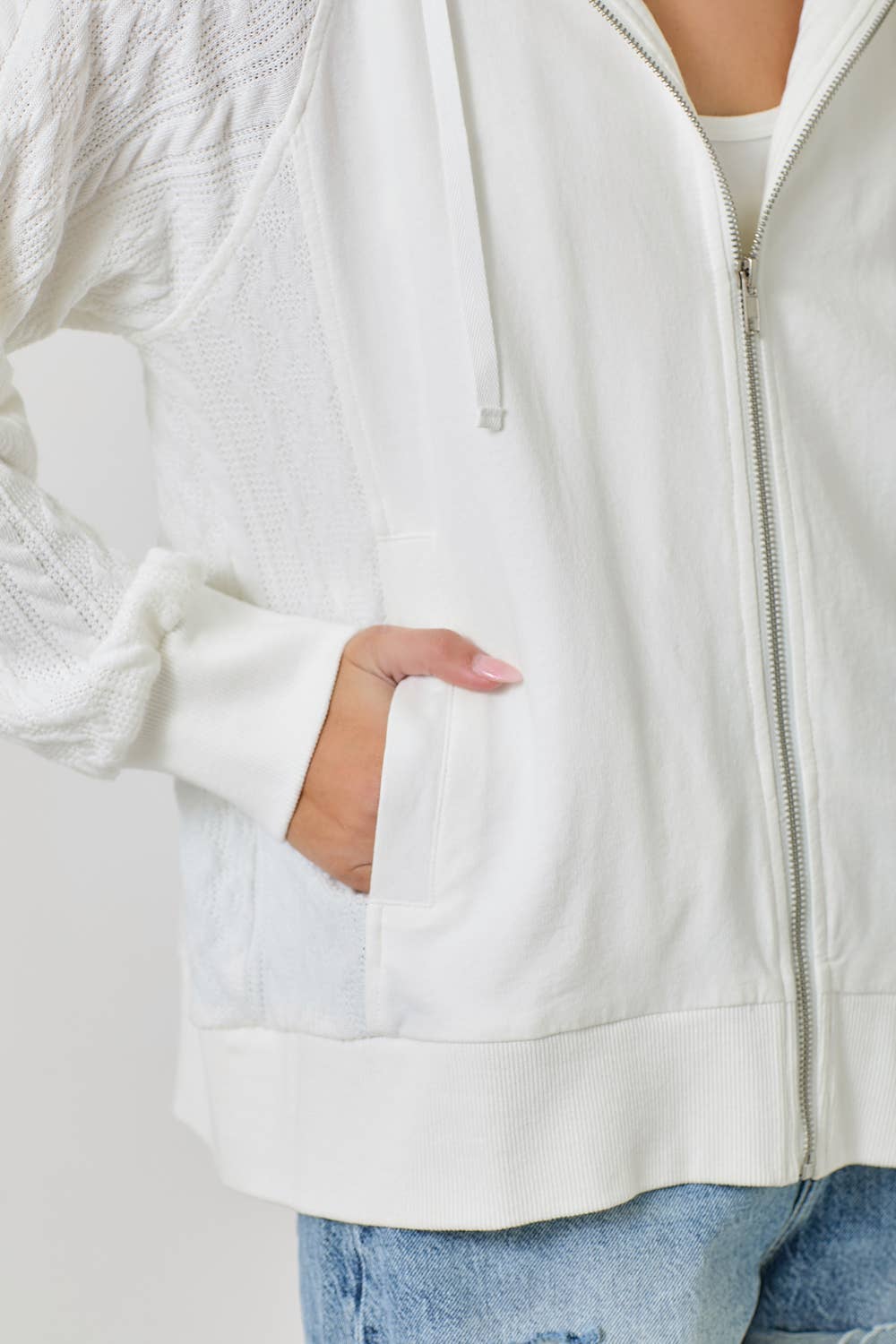 Mixed Media Hoodie Zip-Up Jacket: Washed White