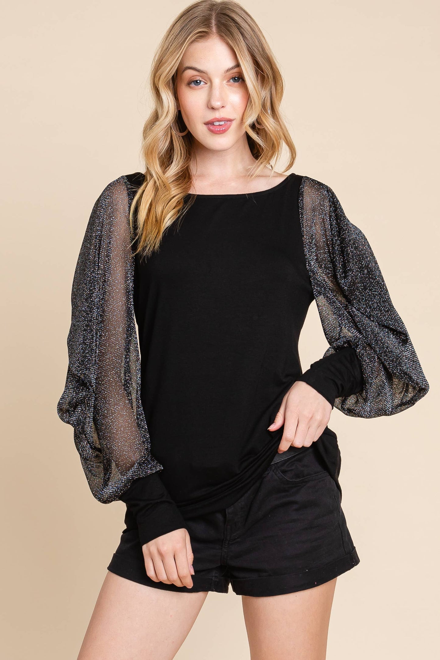 Emerald Collection Fashion Top With Balloon Mesh Sleeves Black
