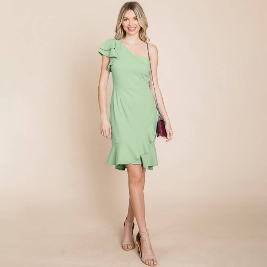 One Shoulder Ruffle  Asymmetrical Hem Dress: Sage