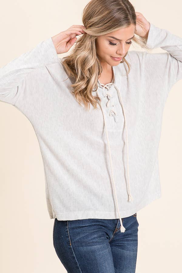 Maple Sage - TIGER BRUSH LACE UP KNIT SWEATER - LIGHT GREY