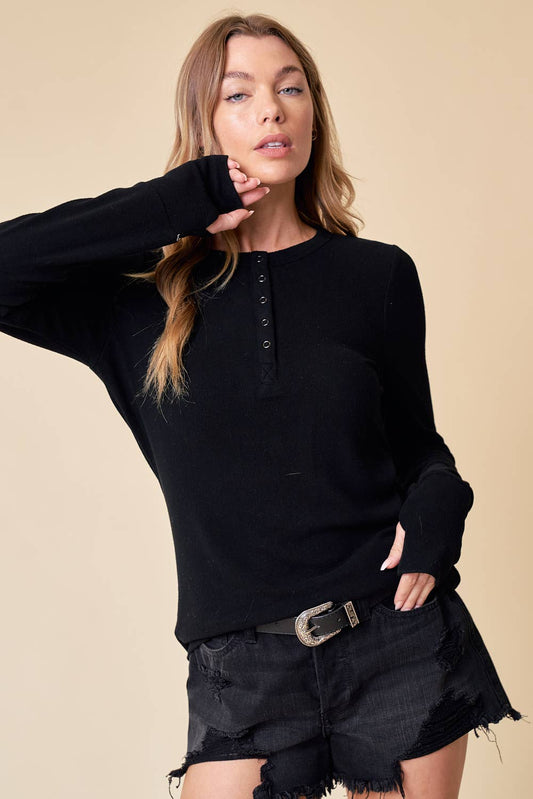 Doe and Rae - Brushed Rib Henley Top - BLACK