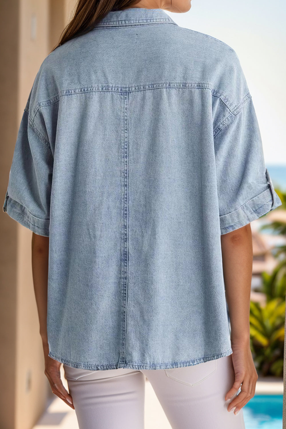 ONLINE ONLY! Pocketed Button Up Half Sleeve Denim Shirt