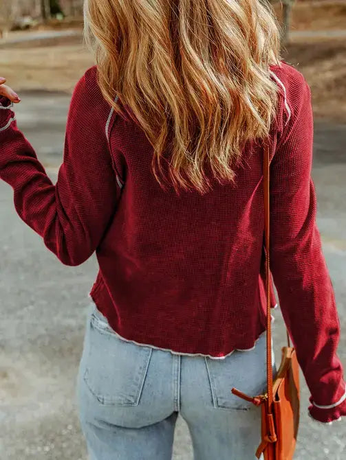 Fiery Red Textured Round Neck Long Sleeve Top