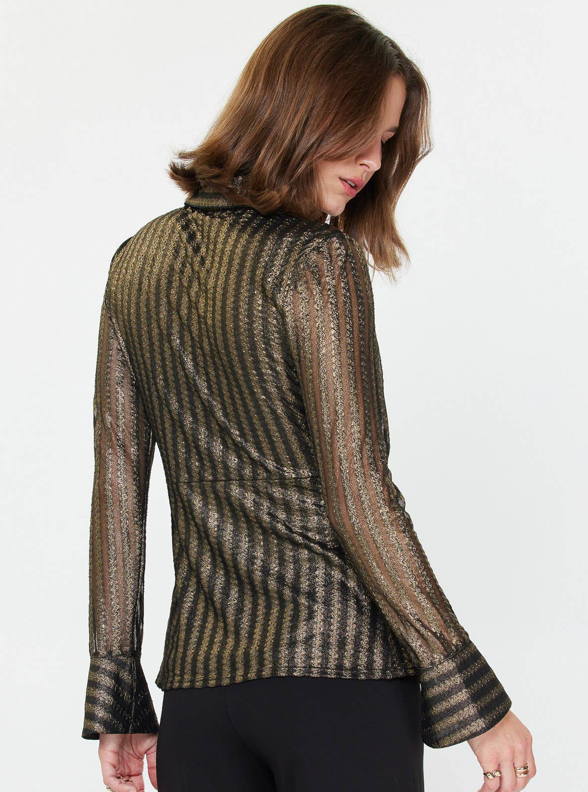 Current Air - Metallic Striped Twist-Front Blouse: BLACK-GOLD